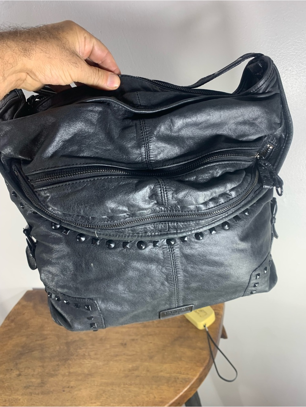 BCBGMAXAZRIA Black Leather Studded Hobo Shoulder Bag Purse Y2K